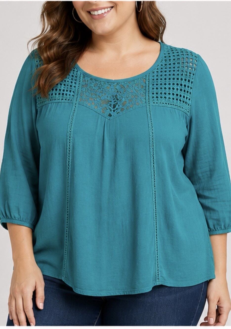 M&Co Women’s Size 20 Teal Blouse Crochet Lace Detail 3/4 Sleeve Boho Top